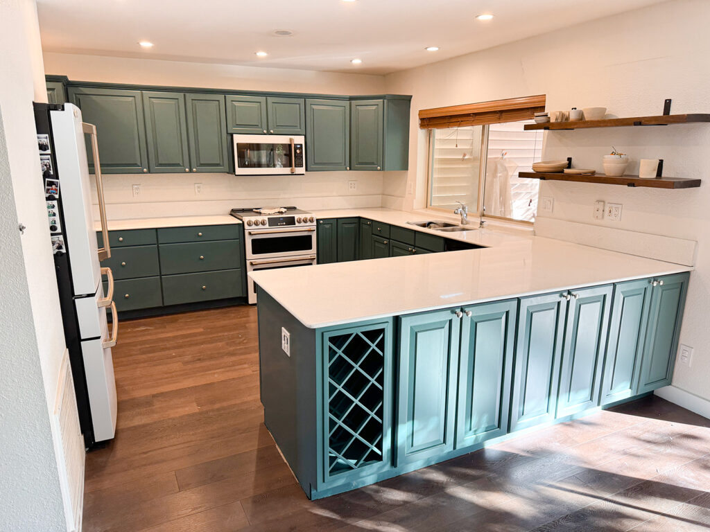 Green painted kitchen cabinets with modern refinishing – JS Remodeling Phoenix