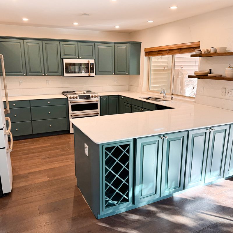 Green painted kitchen cabinets with modern refinishing – JS Remodeling Phoenix